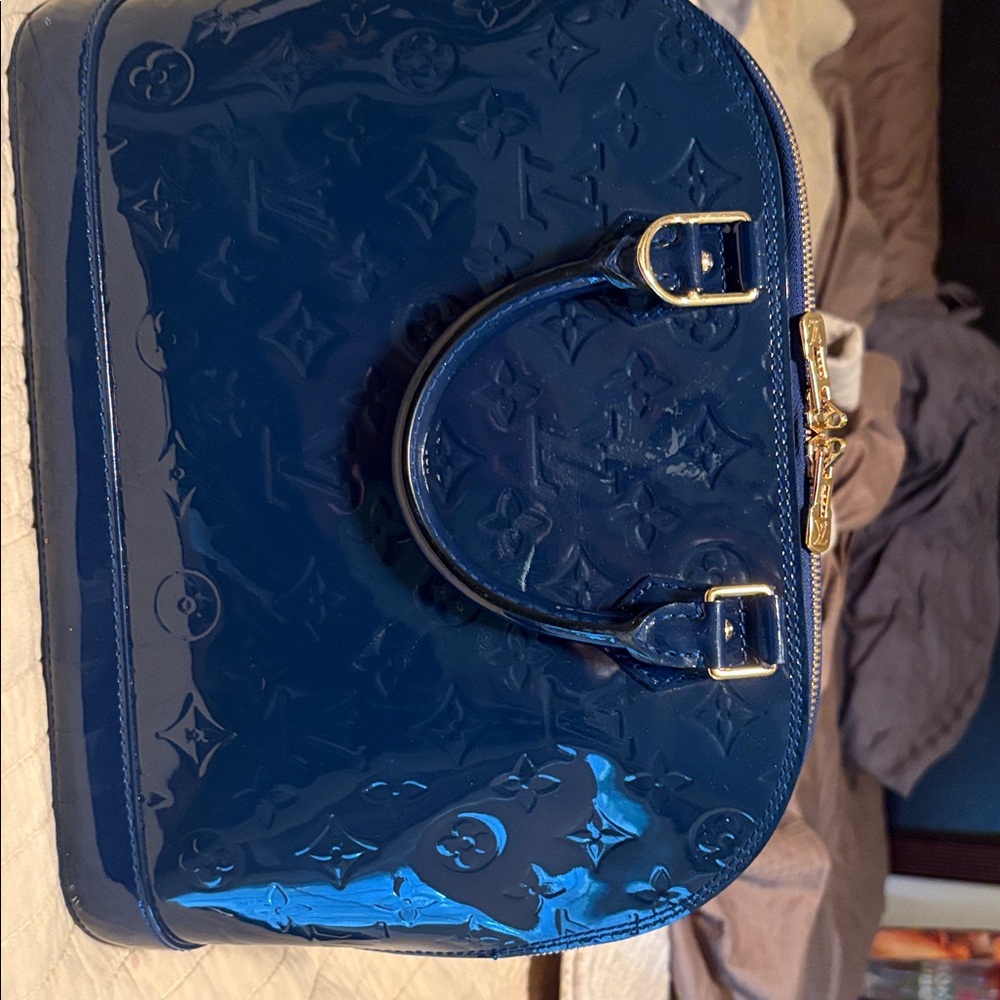 Louis Vuitton Navy Patent Leather Bag with Gold Accents